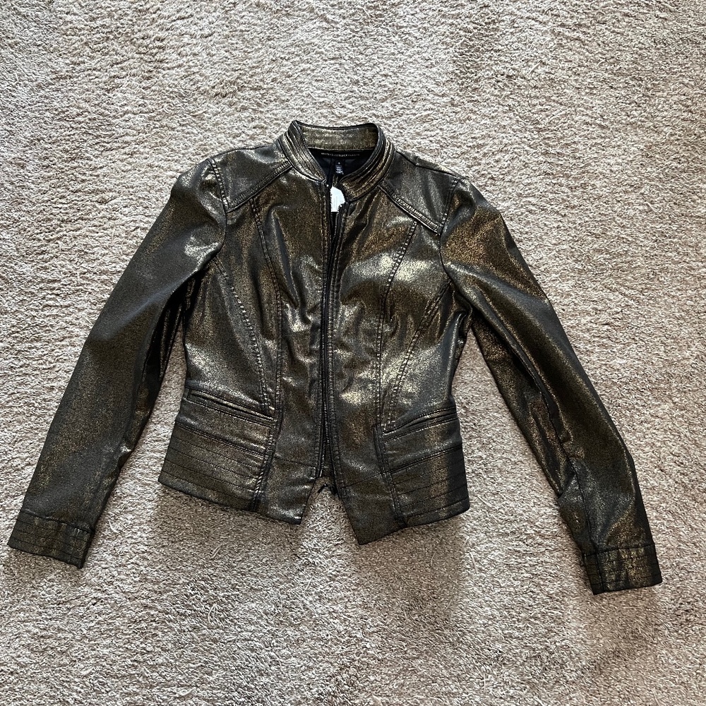 WHBM Coated Stretch Denim Cropped PartyJacket in Metallic Gold Over Black Size 8